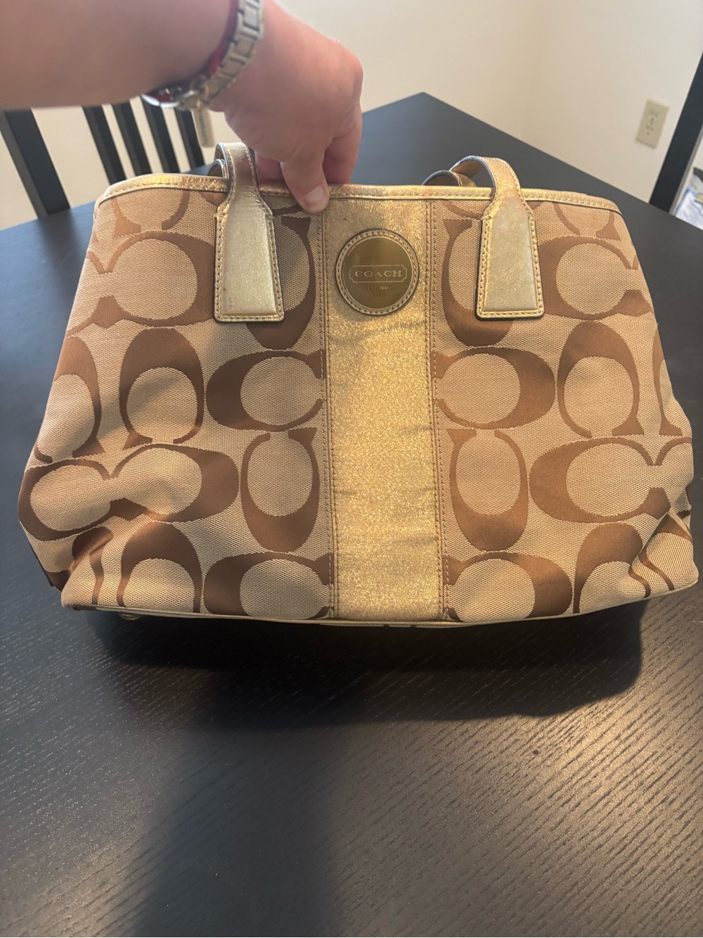 Coach Signature Kisslock Stripe Framed Carryall Tote Gold Metallic w COA